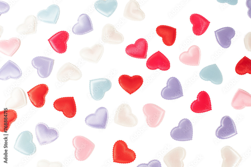 The hearts are of various sizes and colors, creating a vibrant