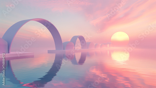 3d render, Abstract surreal pastel landscape background with architectural and geometric, beautiful gradient sky view