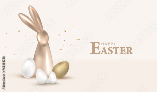 Happy Easter card with metallic gold eggs and rabbit. Holiday banner. Decor brown bunny and white egg background. Celebrate festive vector.
