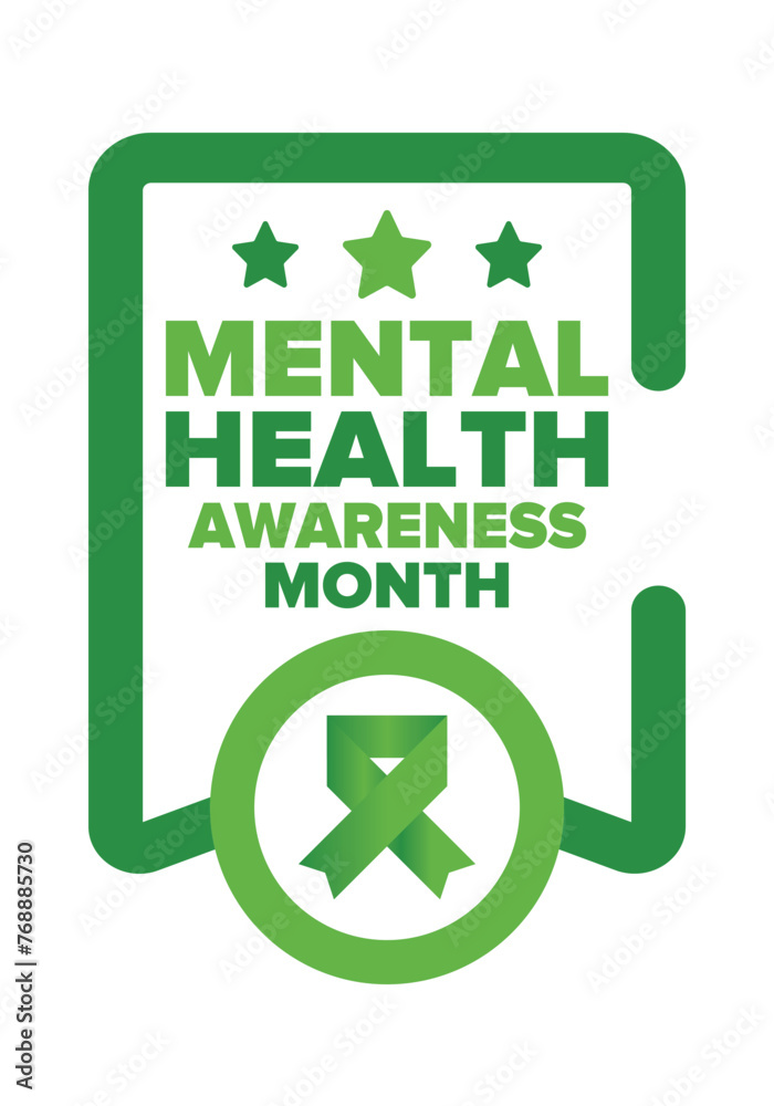 Mental Health Awareness Month in May. Annual campaign in United States. Raising awareness of mental health. Control and protection. Prevention campaign. Medical health care design. Vector illustration Mental Health Awareness Month in May. Annual campaign in United States. Raising awareness of mental health. Control and protection. Prevention campaign. Medical health care design. Vector illustration