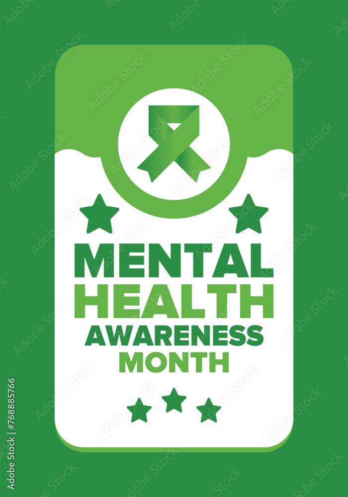 Mental Health Awareness Month in May. Annual campaign in United States. Raising awareness of mental health. Control and protection. Prevention campaign. Medical health care design. Vector illustration Mental Health Awareness Month in May. Annual campaign in United States. Raising awareness of mental health. Control and protection. Prevention campaign. Medical health care design. Vector illustration