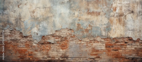 A close-up view of a brick wall showing signs of wear with peeling paint flaking off the surface. The weathered appearance gives the wall a textured and aged look.