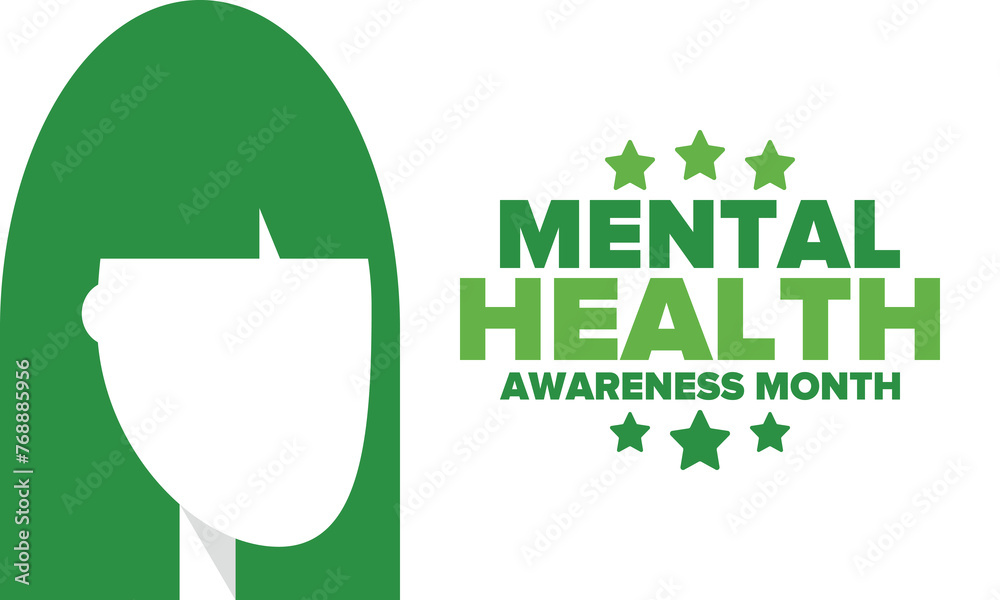 Mental Health Awareness Month in May. Annual campaign in United States. Raising awareness of mental health. Control and protection. Prevention campaign. Medical health care design. Vector illustration Mental Health Awareness Month in May. Annual campaign in United States. Raising awareness of mental health. Control and protection. Prevention campaign. Medical health care design. Vector illustration