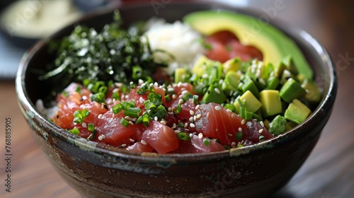 An appetizing tuna poke bowl, presented with diced fresh avocado, seaweed salad, and garnished with spring onions and sesame seeds, invites a healthy dining experience.