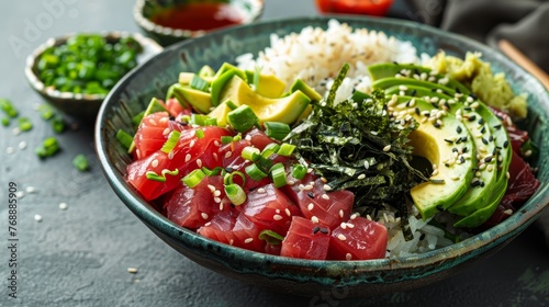 This colorful tuna poke bowl is a feast for the eyes  featuring succulent cubes of tuna  creamy avocado  and a bed of white rice  sprinkled with sesame seeds.