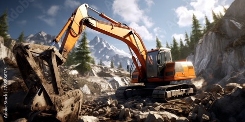 orange excavator digging the ground Generative AI