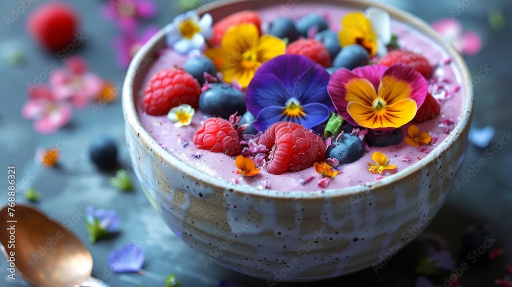 A handcrafted ceramic bowl filled with a berry smoothie topped with fresh raspberries, blueberries, and a variety of colorful edible flowers. A handcrafted ceramic bowl filled with a berry smoothie topped with fresh raspberries, blueberries, and a variety of colorful edible flowers.