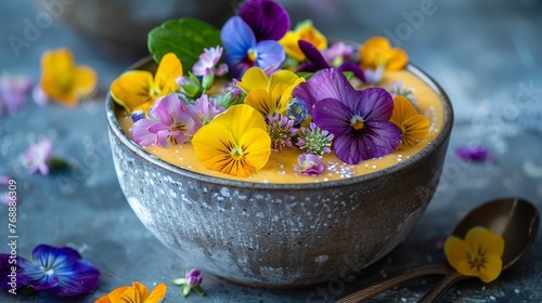 Hands holding a stone bowl filled with a bright  tropical smoothie and decorated with an array of colorful edible flowers  suggesting a healthy  vibrant lifestyle.