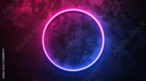 Circle neon light frame blue and pink. Round glowing border. Ring laser effect.