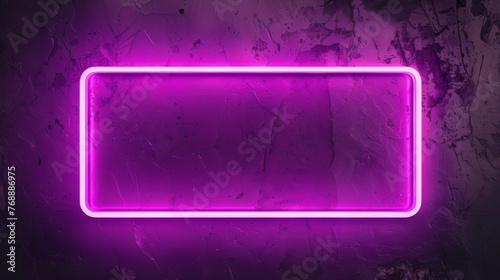 Neon pink rectangular frame. Light laser purple border. The effect of a line fluorescent lamp on a dark concrete background.