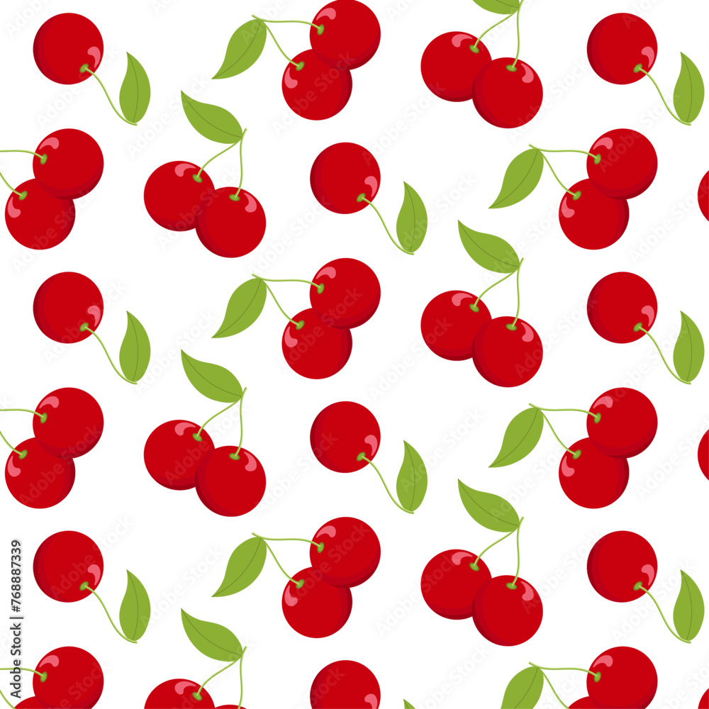 Red cherry seamless pattern on white background for wallpapers, postcards, wrapping paper, posters, and kitchen cloth design. Vector illustration Red cherry seamless pattern on white background for wallpapers, postcards, wrapping paper, posters, and kitchen cloth design. Vector illustration