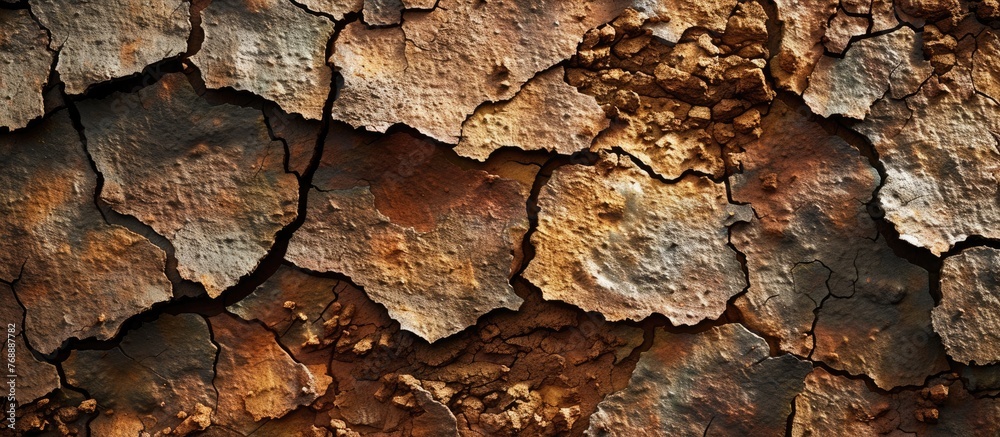 A close-up view of a cracked surface, showcasing intricate patterns and textures. The earths surface appears dry and weathered, revealing a network of fine and deep cracks. A close-up view of a cracked surface, showcasing intricate patterns and textures. The earths surface appears dry and weathered, revealing a network of fine and deep cracks.