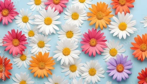 Multi-color daisy chamomile flowers wallpaper, background, Modern lifestyle, summer, spring concept. flat lay, top view. Ai Generate