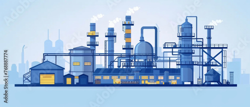 Vector graphic design of an industrial manufacturing plant with smokestacks against a city backdrop.