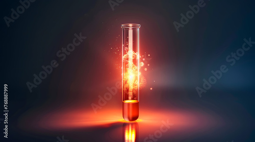 A test tube filled with a glowing red liquid sits on a dark background.