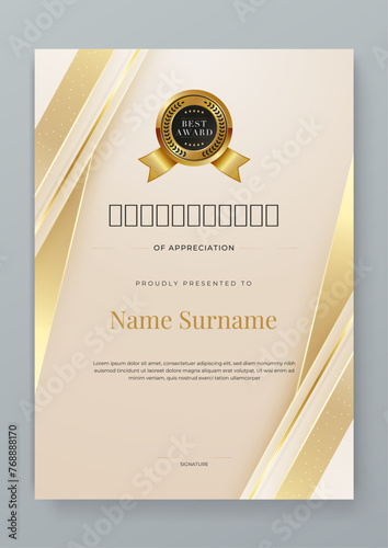 Beige gold and white vector modern elegant and luxury certificate template for corporate. For award, business, diploma, workshop, award, graduation, completion, competition and education