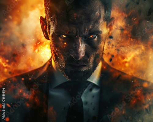 A devilish businessman, his eyes ablaze with fury as he stands amid a whirlwind of chaos, photo