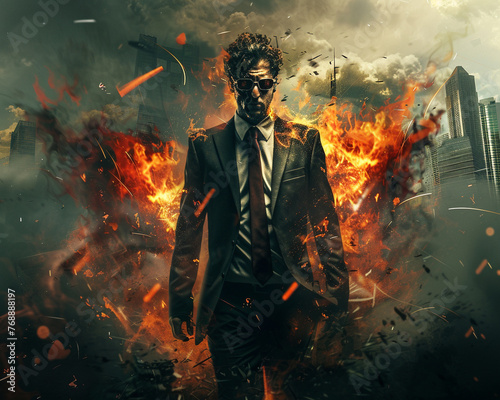 A devilish businessman, his eyes ablaze with fury as he stands amid a whirlwind of chaos, photo