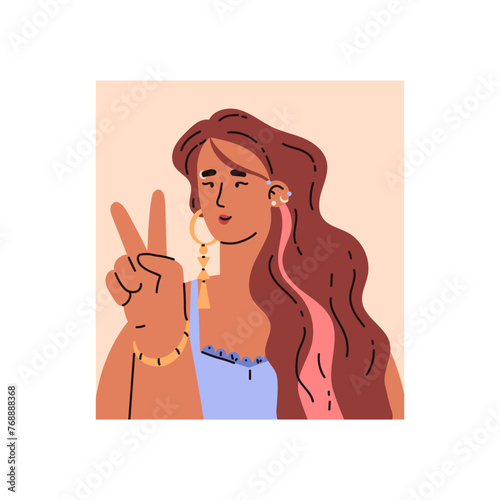 Portrait of young woman with piercing showing peace gesture flat style