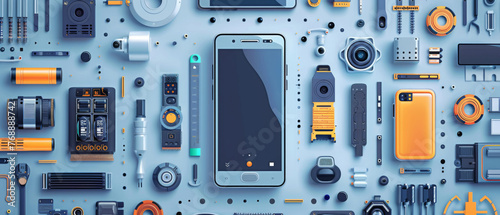 A detailed illustration of various disassembled technology and electronic device components on a neutral background. photo