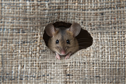 mouse watching from within a hole in a fabric storage bin
