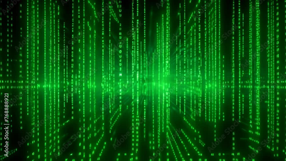 Falling binary code in the matrix style in the technological space