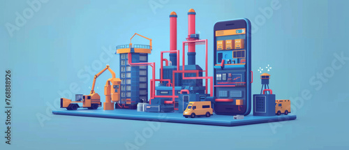 Stylized factory setup within a smartphone interface illustrating industrial automation and smart manufacturing.