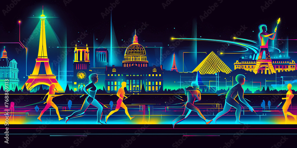 A colorful cityscape with people running and a man holding a baton. Concept of energy and movement, as if the city is alive and bustling with activity