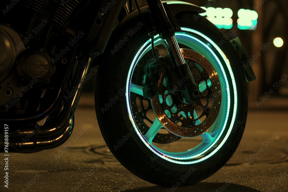 motorcycle wheel with reflective rim tape for night visibility