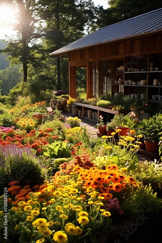 Vibrant summer garden with a cozy cabin in the background