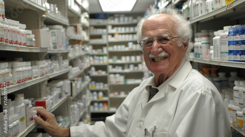 Senior man wearing a white lab coat standing in a pharmacy aisle filled with shelves of medications and health products