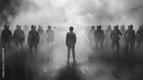A solitary figure stands defiantly before rows of riot gear-clad officers amidst swirling tear gas photo