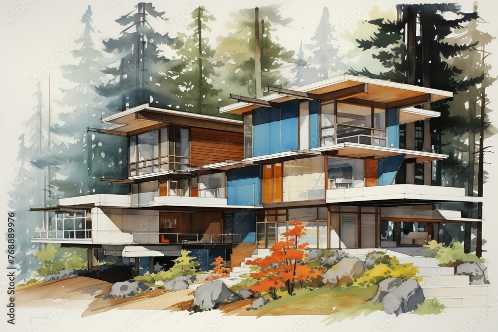 watercolor painting of a modern house in the woods