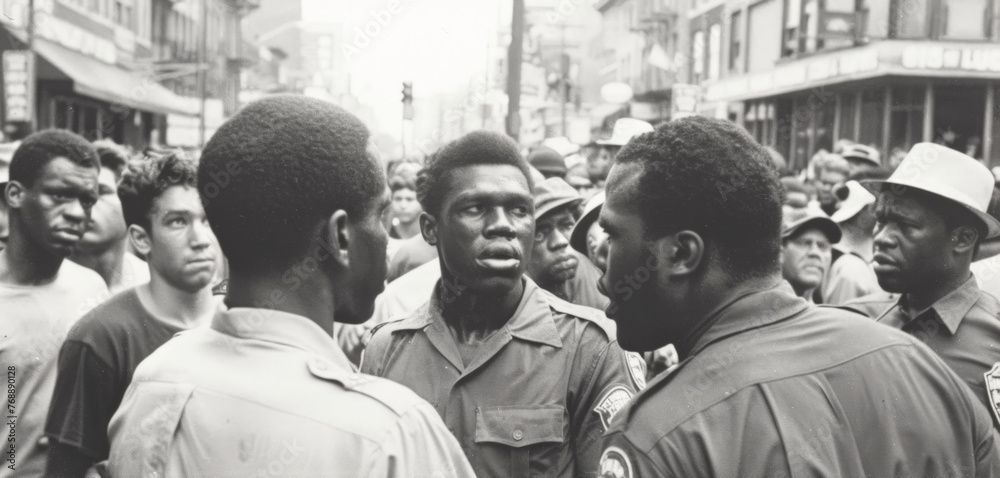 Obraz premium Two men engage in a serious conversation amid a crowd of onlookers on a city street, reflecting the social dynamics of the era