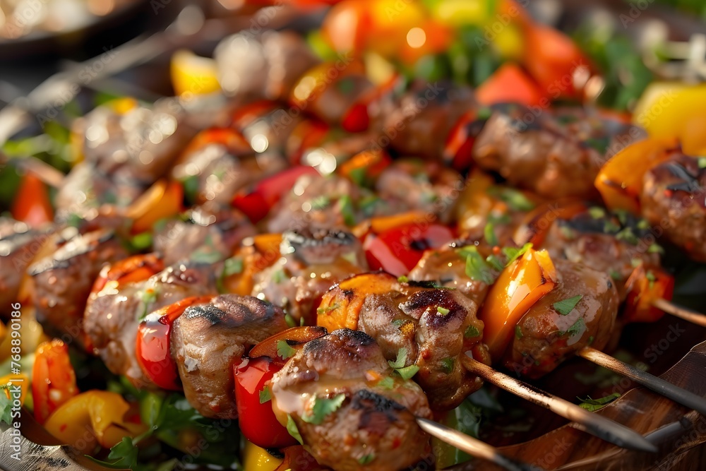 Vegetable Kebabs on Wooden Tray: Close-Up, Spices, Black Background Vegetable Kebabs on Wooden Tray: Close-Up, Spices, Black Background