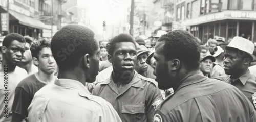 Two men engage in a serious conversation amid a crowd of onlookers on a city street, reflecting the social dynamics of the era photo