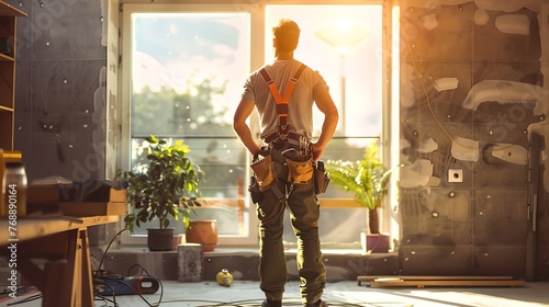 Confident Craftsman Ready to Start Work. A Man In a Workshop at Sunset. Professional Interior Renovation Concept. Cozy Workshop Scene with Sunlight. AI