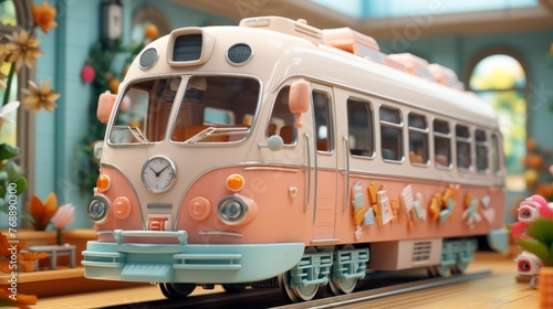 A pink and white toy train sits on a wooden track in a colorful room.