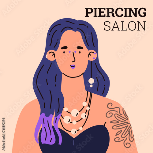 A vector flat illustration depicting a girl with piercings in her ears and nose, earrings, and steel rings.