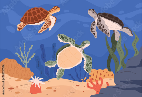 Sea turtles in ocean habitat. Vector illustration