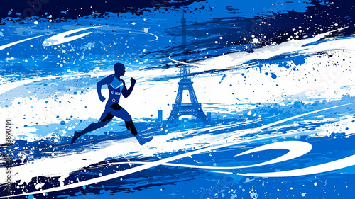 A man running in the ocean with the Eiffel Tower in the background. The image has a sense of motion and energy, with the man's running form and the waves in the background © Дмитрий Симаков