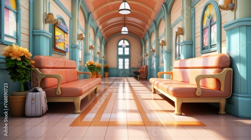 An illustration of a long hallway with orange benches and potted plants photo