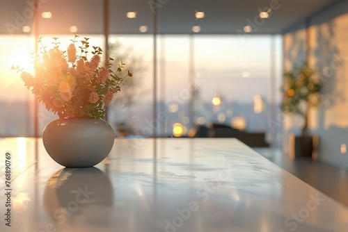Beautiful blurred background of a light modern office interior with panoramic windows and beautiful lighting photo