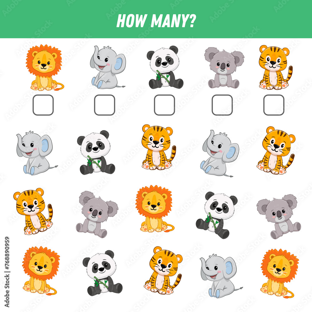 How many animals are there. Count the number of animals. Cute lion, elephant, panda, koala, tiger. Math worksheet for kids. 