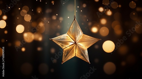 A golden 3D star hanging in front of a dark background with blurry lights