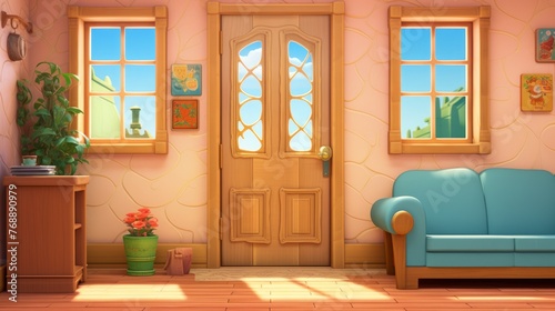 Cozy home interior with a wooden door, windows, sofa and potted plants