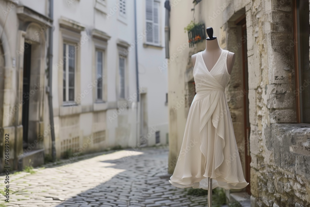 Naklejka premium aline summer dress on mannequin, cobblestone street setting