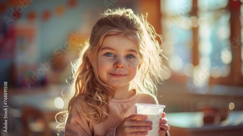 The child in school  is drinking milk in the morning with a happy face.