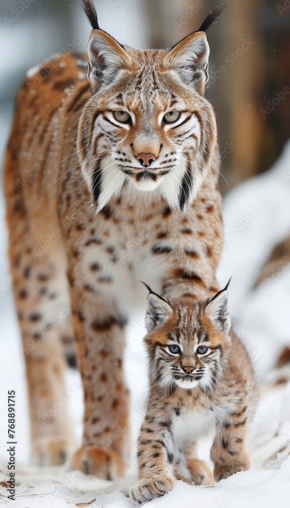 Male bobcat and kitten portrait with spacious text area, object on the right side for balance Male bobcat and kitten portrait with spacious text area, object on the right side for balance
