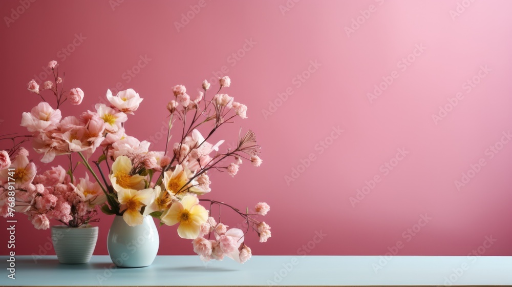 Vase with beautiful spring flowers on table against color background. Space for text.
